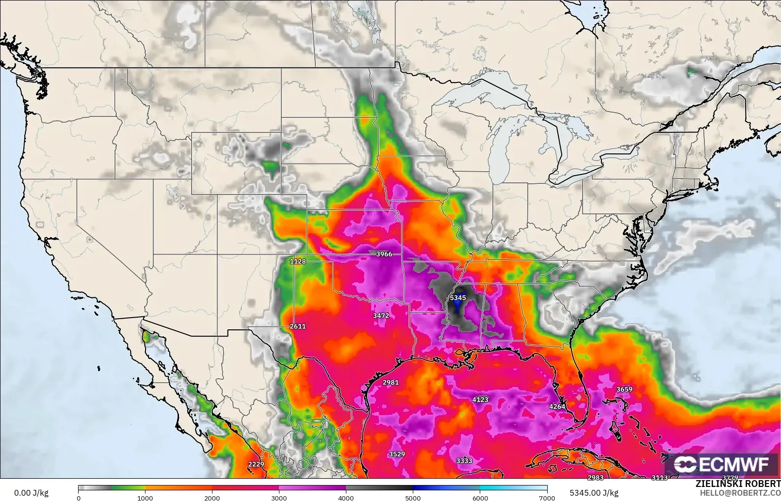 ECMWF IFS 0.25° モデル - アメリカ合衆国, CAPE