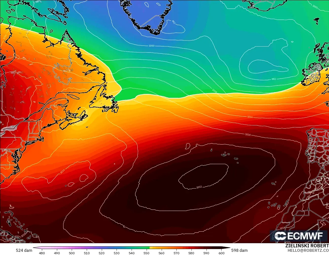 ECMWF IFS 0.25° モデル - 北大西洋, 500hPaのジオポテンシャル高度