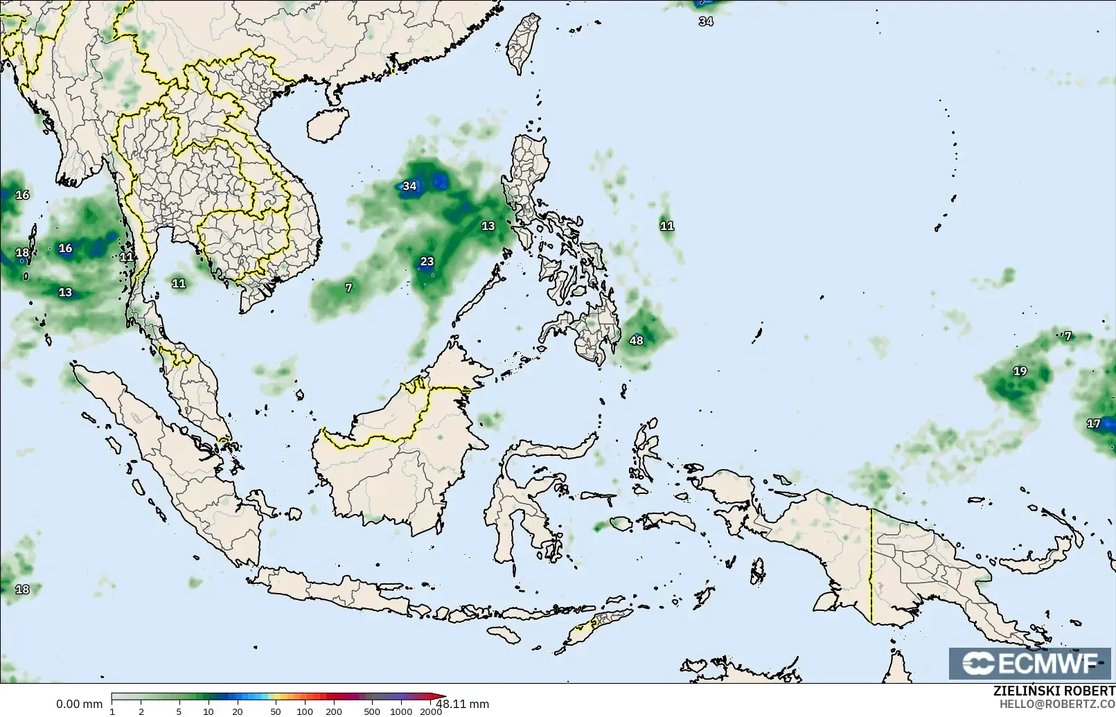 ECMWF IFS 0.25° モデル - 東南アジア, 降水量の合計