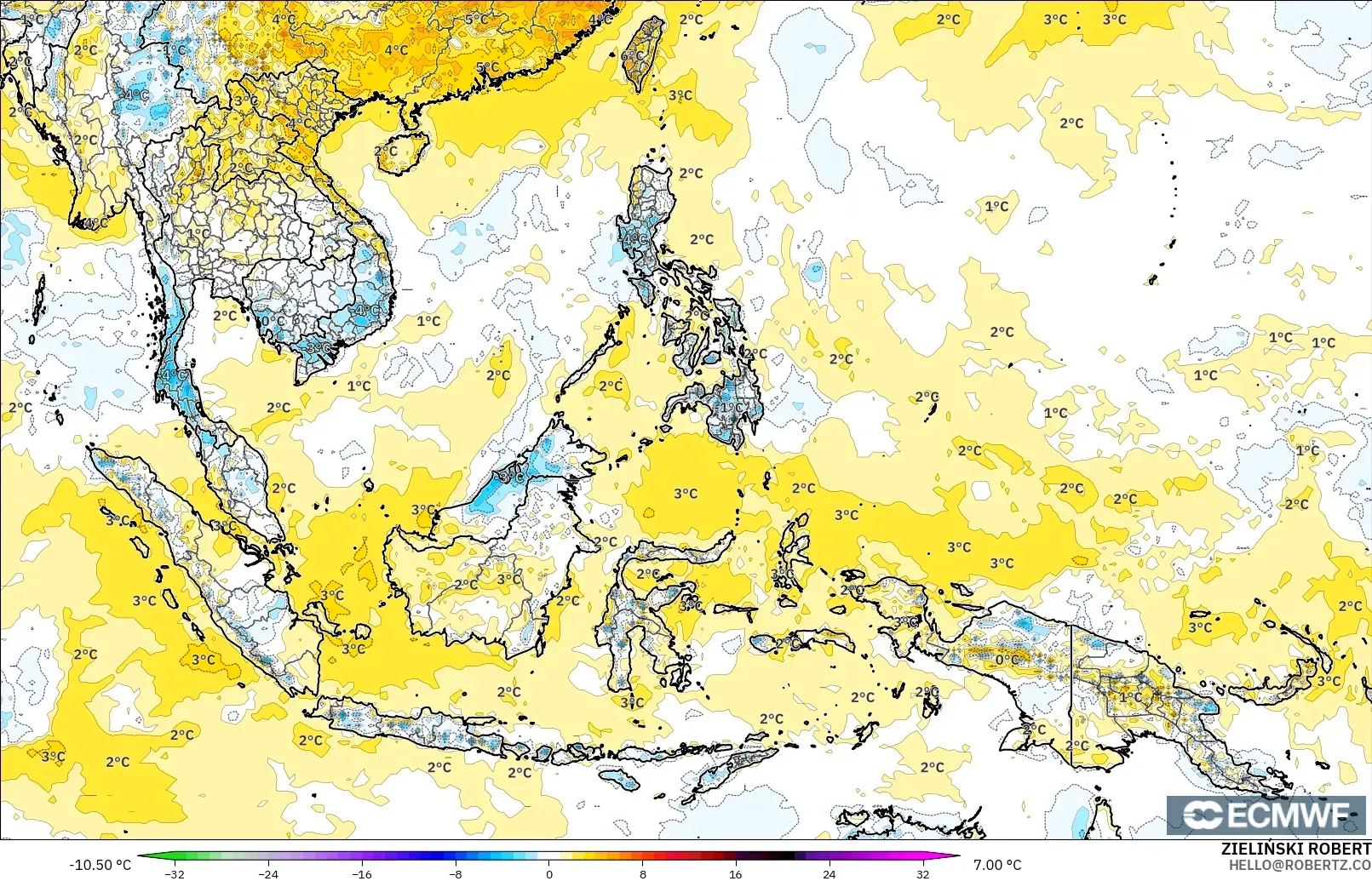 ECMWF IFS 0.25° モデル - 東南アジア, 気温異常（2m）