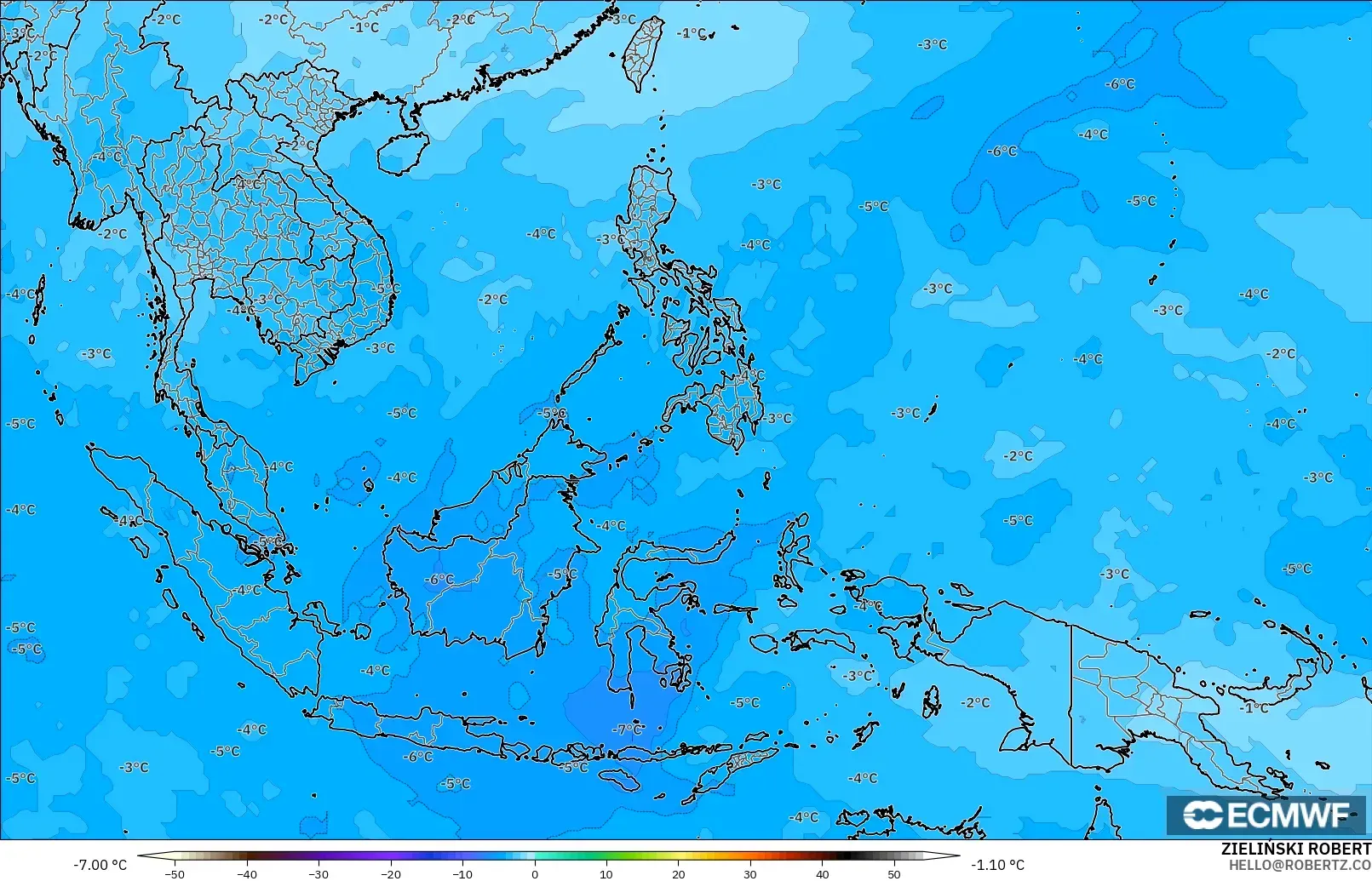 ECMWF IFS 0.25° モデル - 東南アジア, 気温（500hPa）