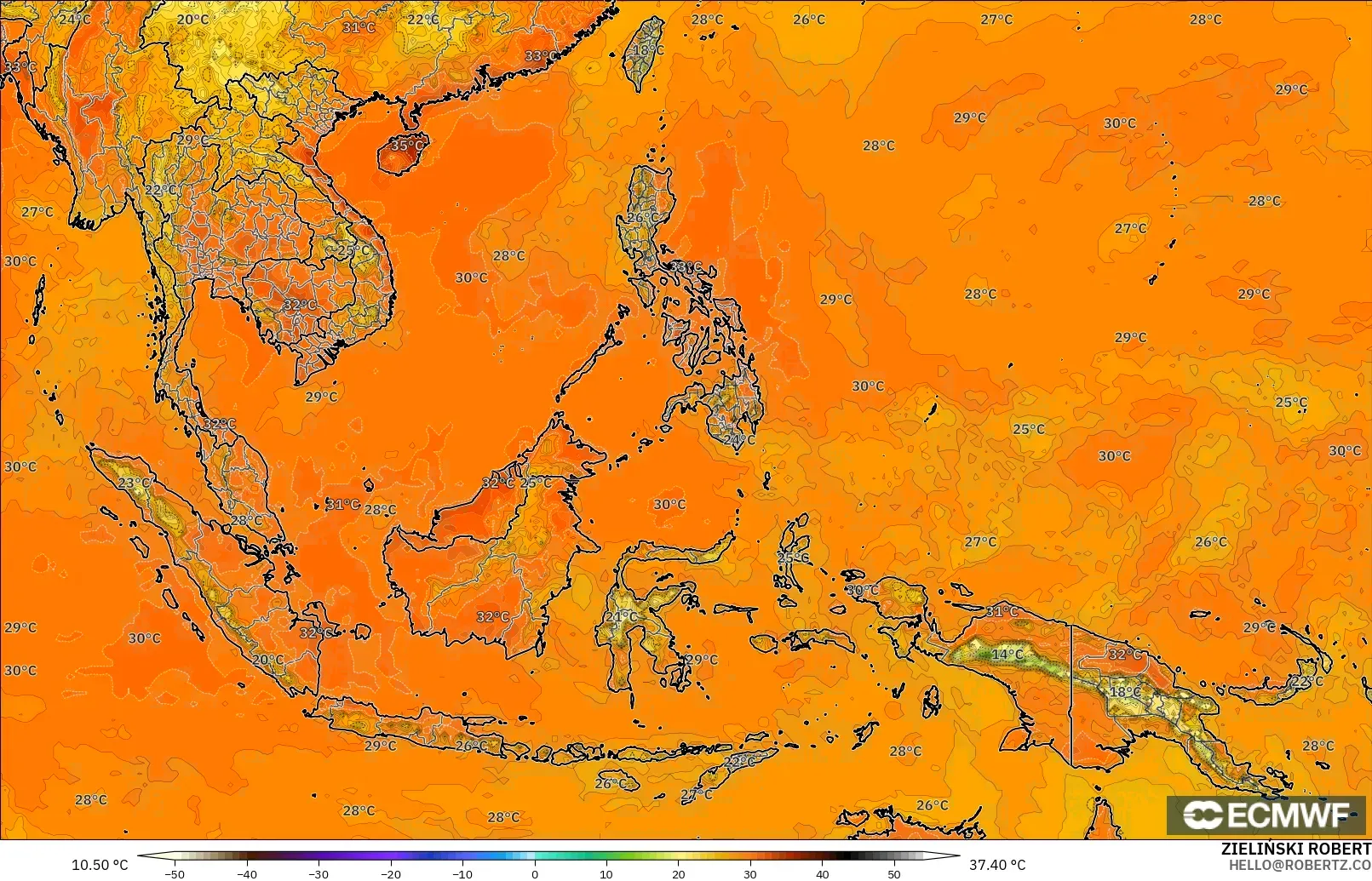 ECMWF IFS 0.25° モデル - 東南アジア, 気温（2m）