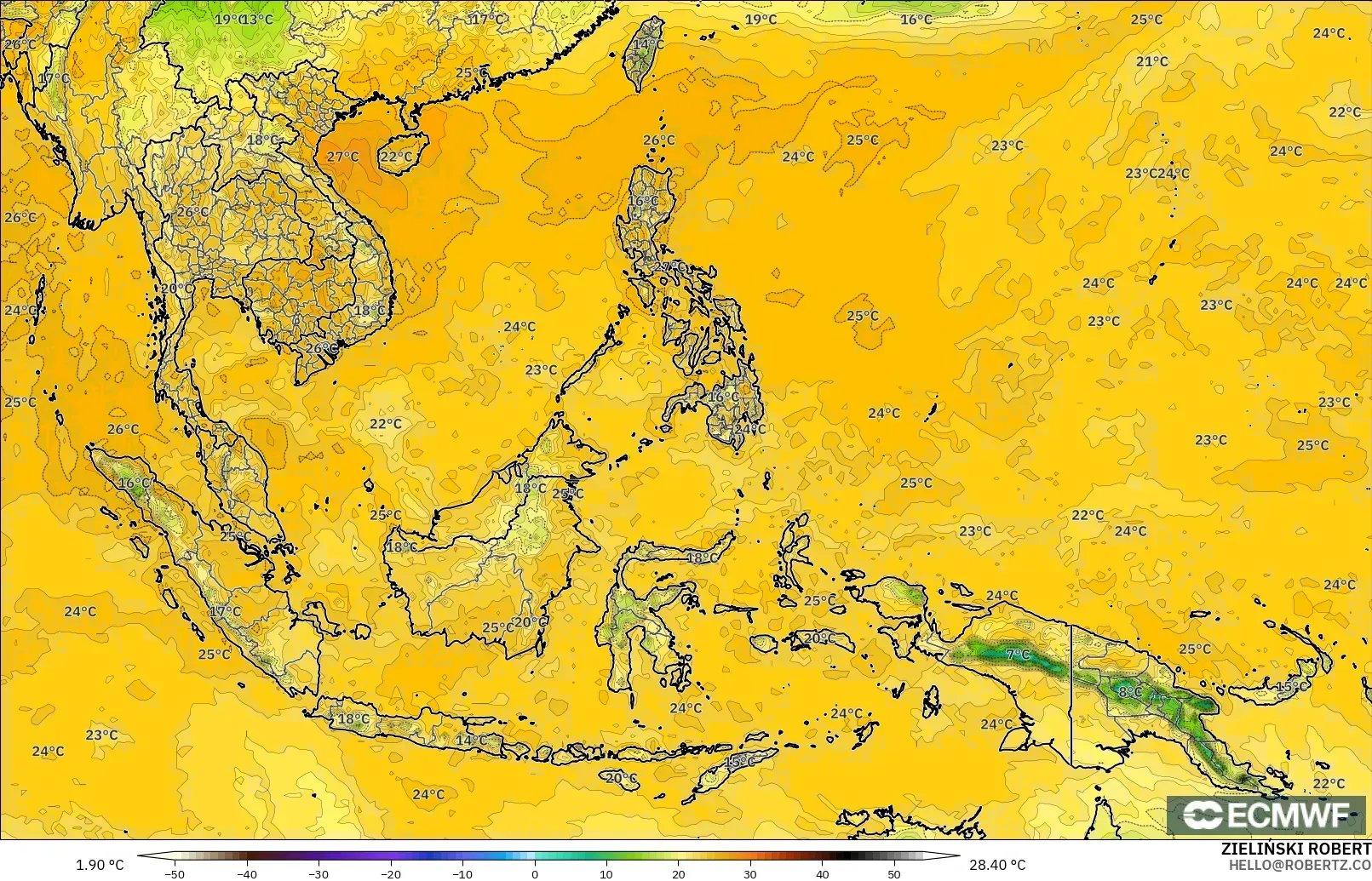 ECMWF IFS 0.25° モデル - 東南アジア, 露点温度（2m）