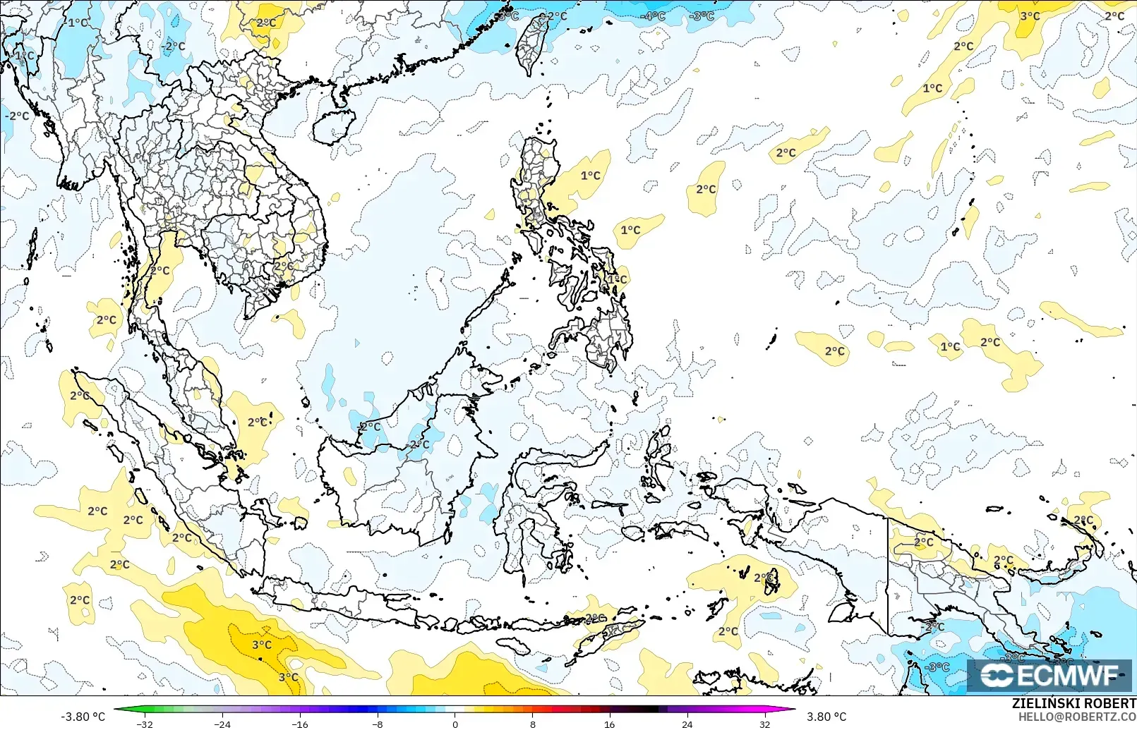 ECMWF IFS 0.25° モデル - 東南アジア, 気温異常（850hPa）