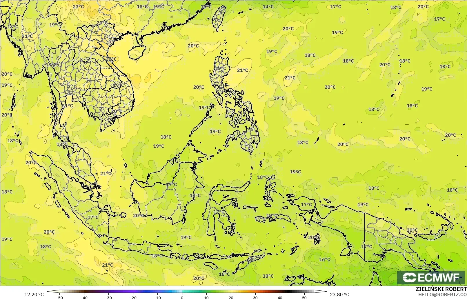 ECMWF IFS 0.25° モデル - 東南アジア, 気温（850hPa）