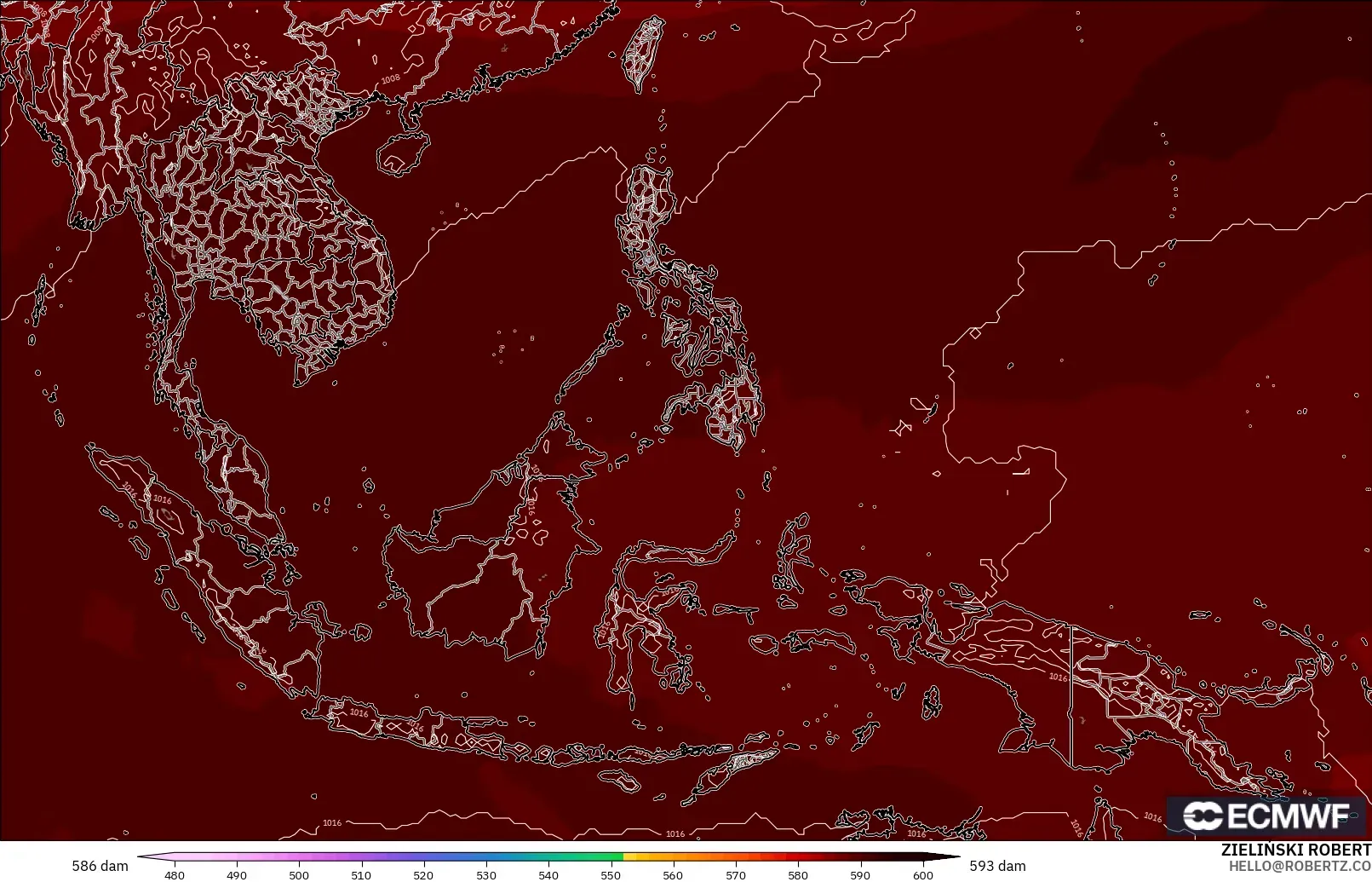 ECMWF IFS 0.25° モデル - 東南アジア, 500hPaのジオポテンシャル高度
