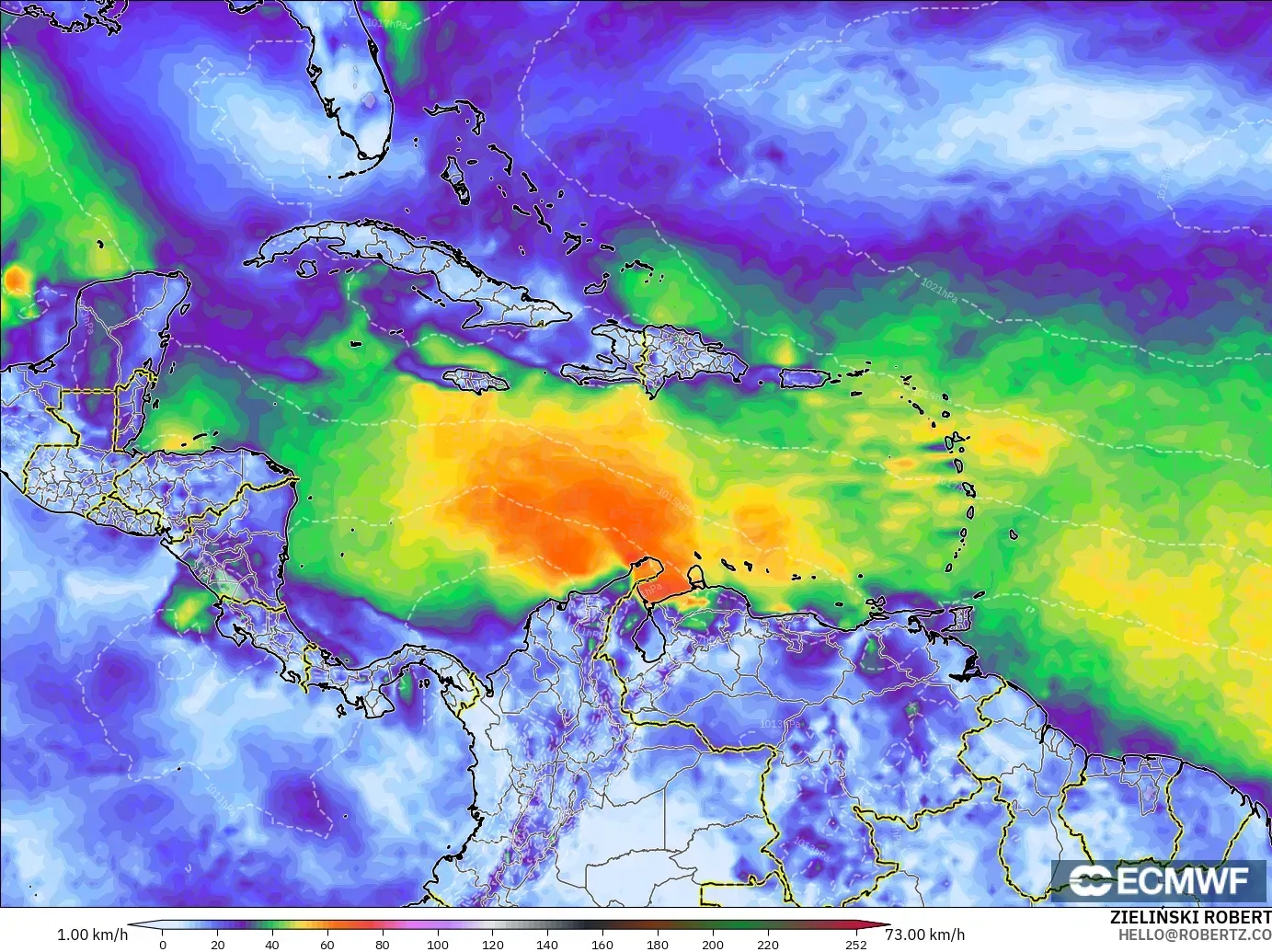 ECMWF IFS 0.25° モデル - カリブ海, 突風