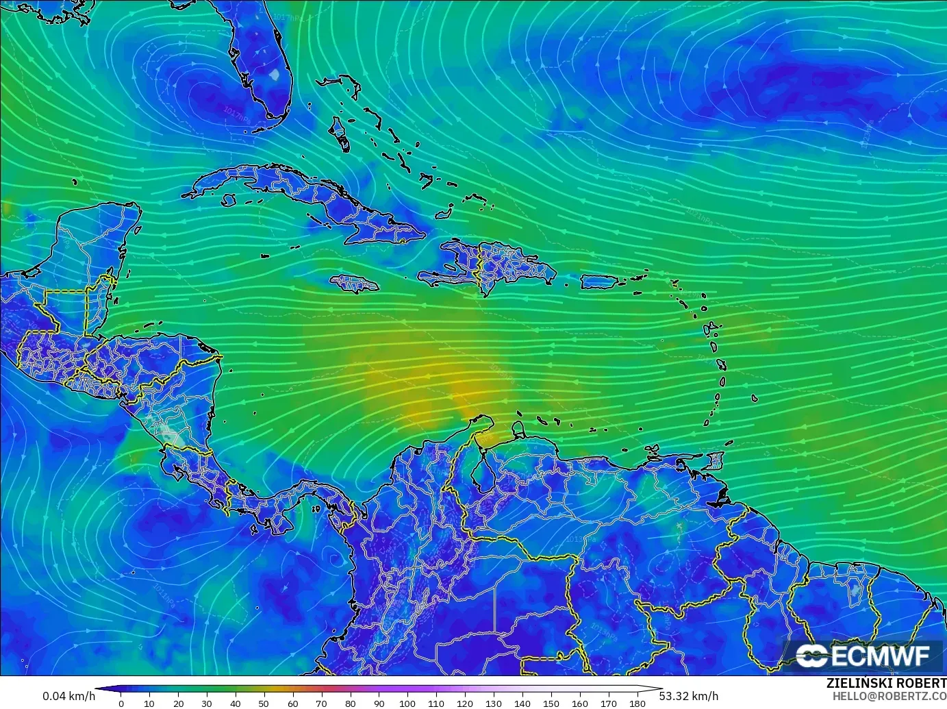 ECMWF IFS 0.25° モデル - カリブ海, 風速（10m）
