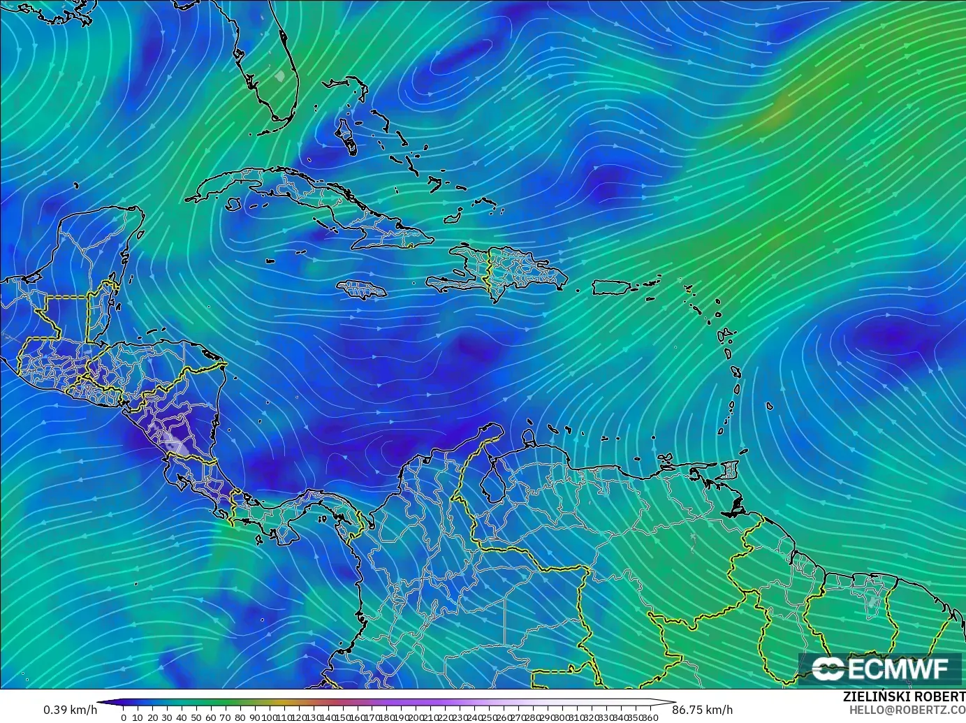 ECMWF IFS 0.25° モデル - カリブ海, 風速（300hPa）