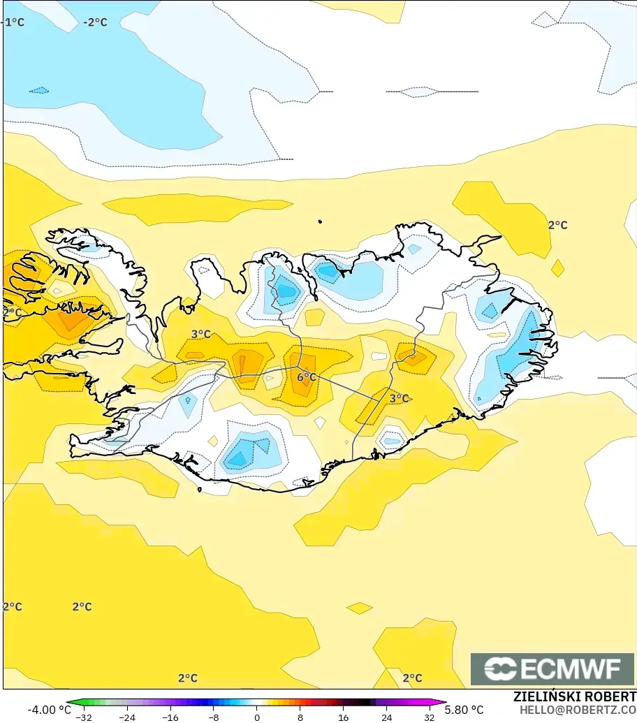ECMWF IFS 0.25° モデル - アイスランド, 気温異常（2m）