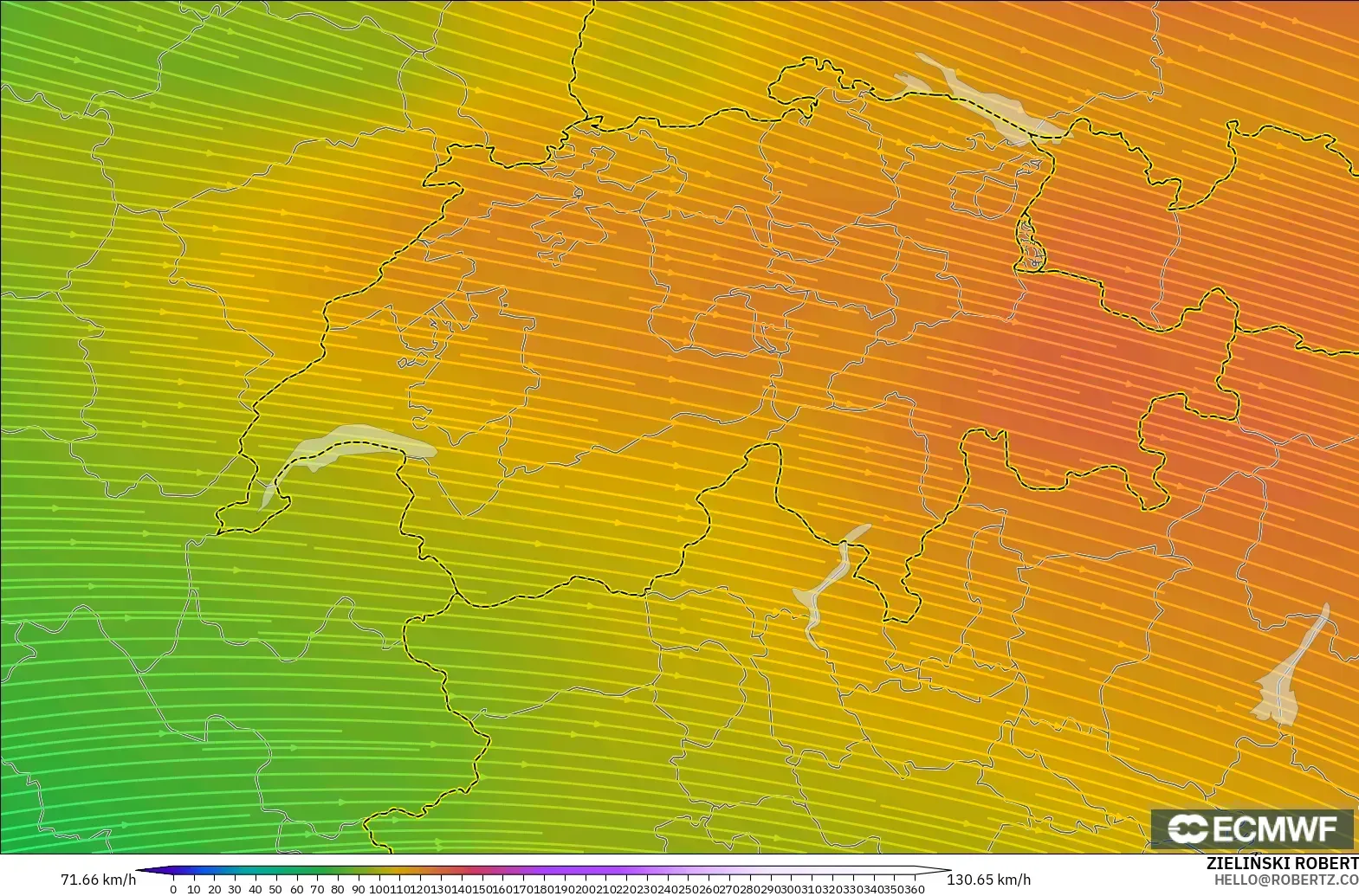 ECMWF IFS 0.25° モデル - スイス, 風速（300hPa）