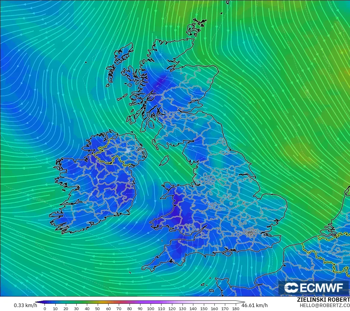 ECMWF IFS 0.25° モデル - イギリス, 風速（10m）