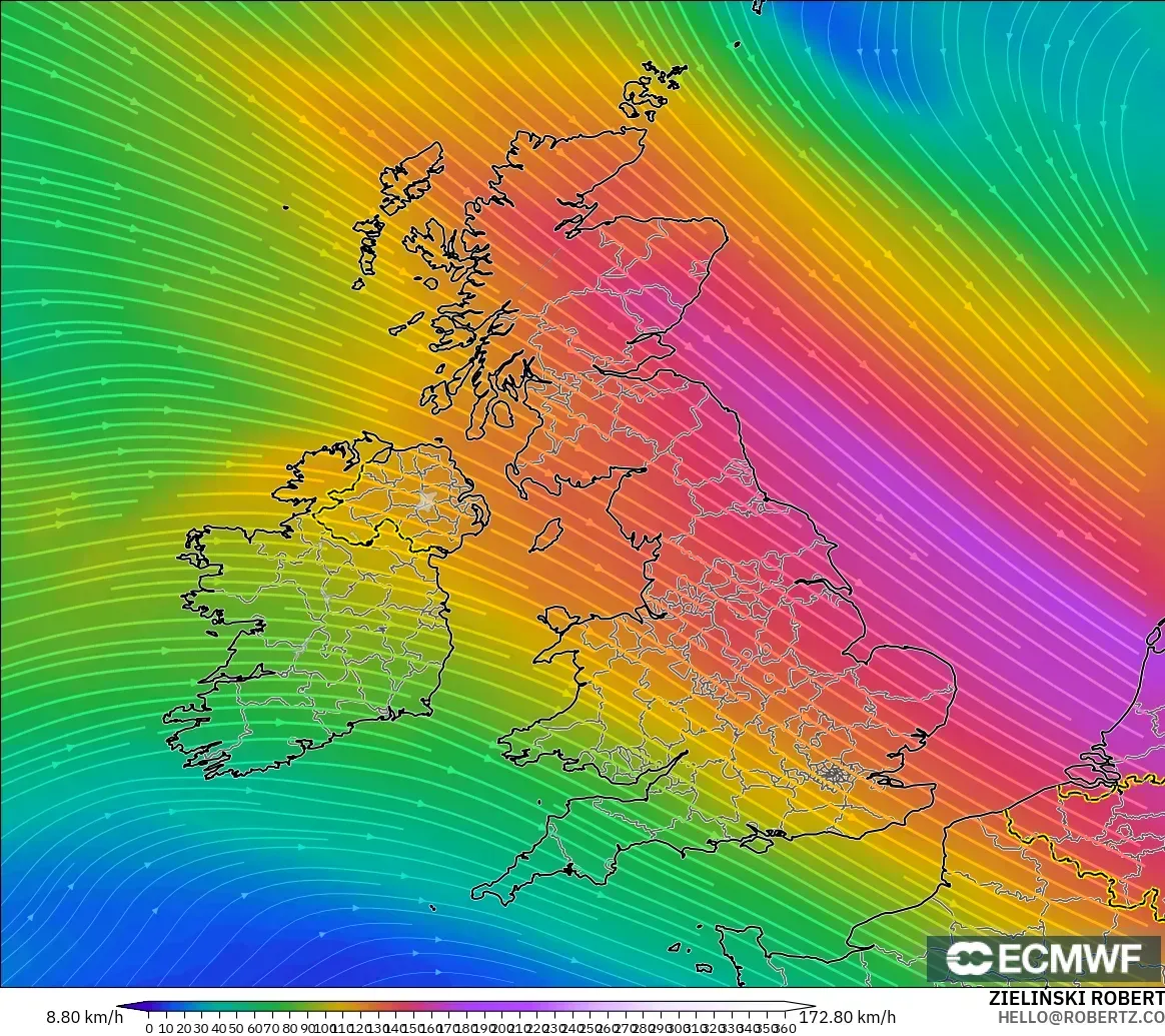 ECMWF IFS 0.25° モデル - イギリス, 風速（300hPa）