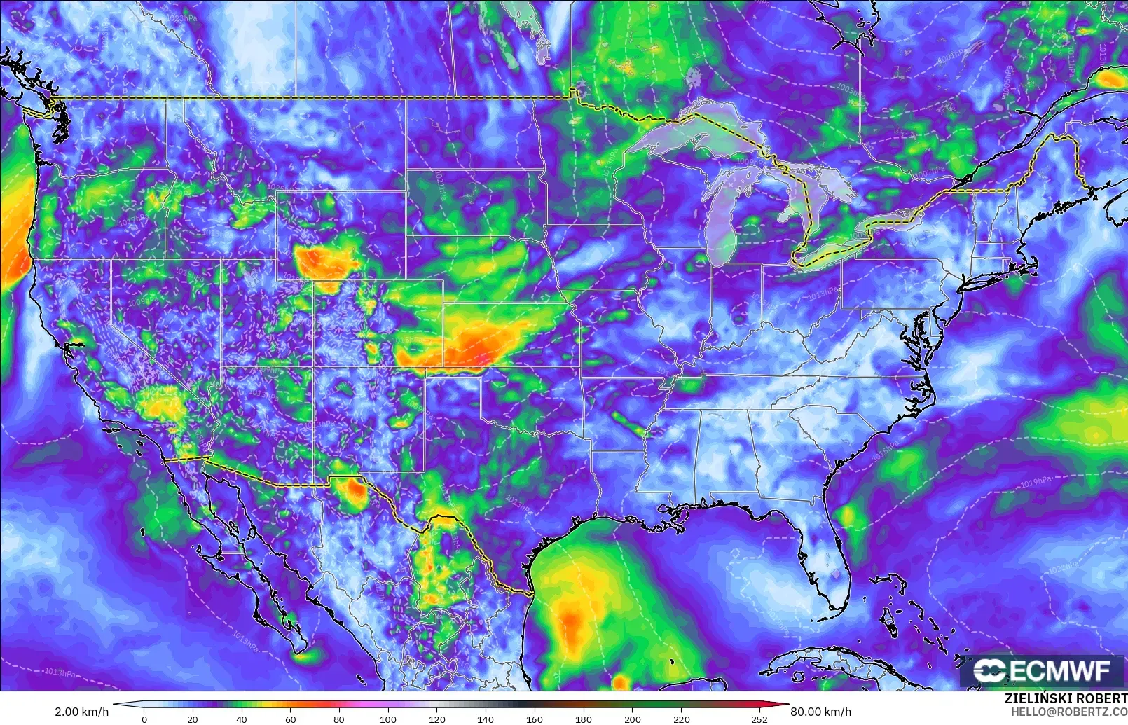 ECMWF IFS 0.25° モデル - アメリカ合衆国, 突風（最大）