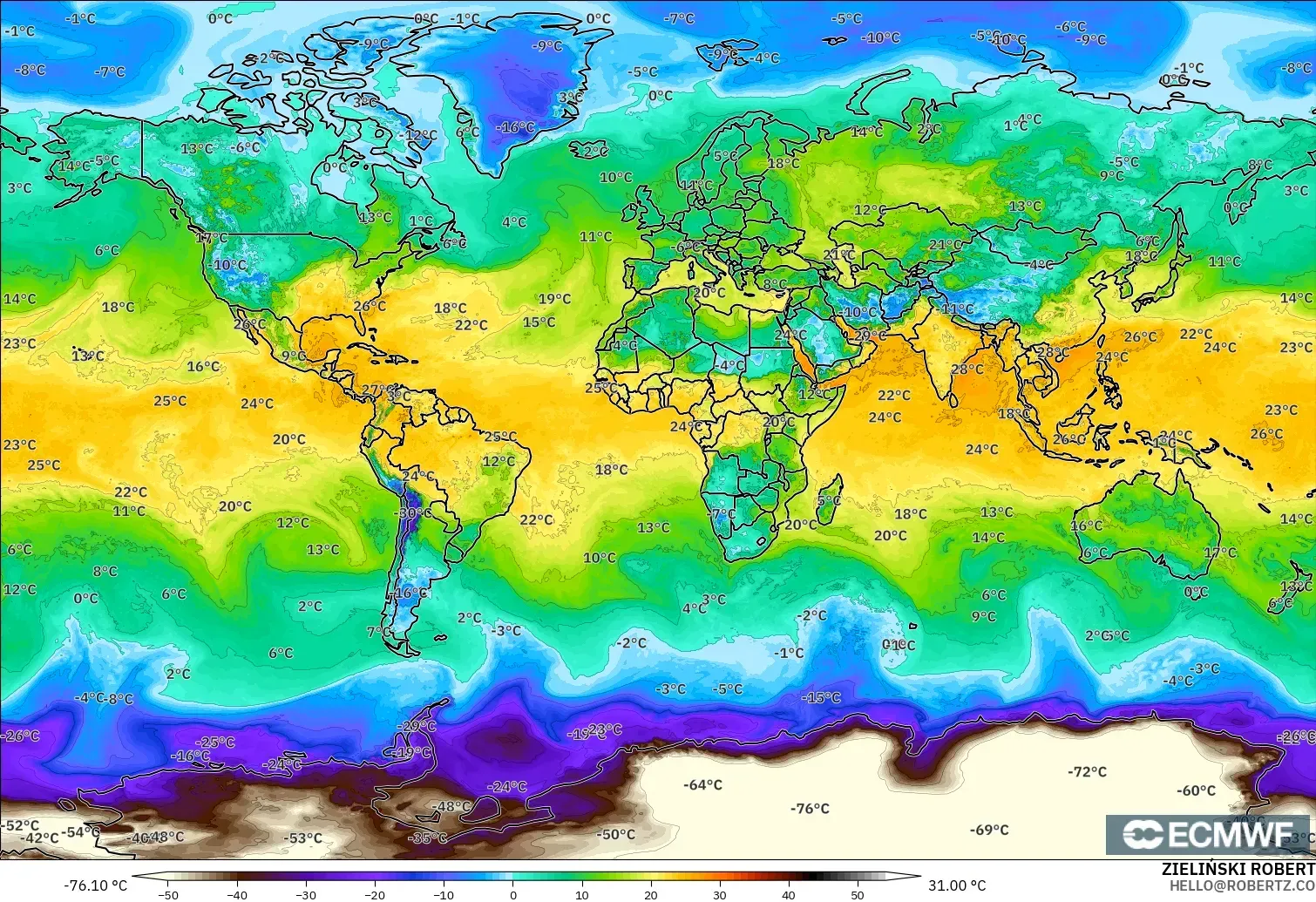 ECMWF IFS 0.25° モデル - 世界, 露点温度（2m）