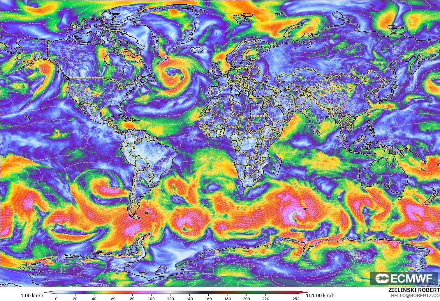 ECMWF IFS 0.25° モデル - 世界, 突風（最大）