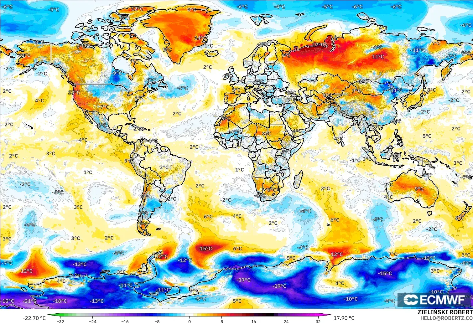 ECMWF IFS 0.25° モデル - 世界, 気温異常（2m）
