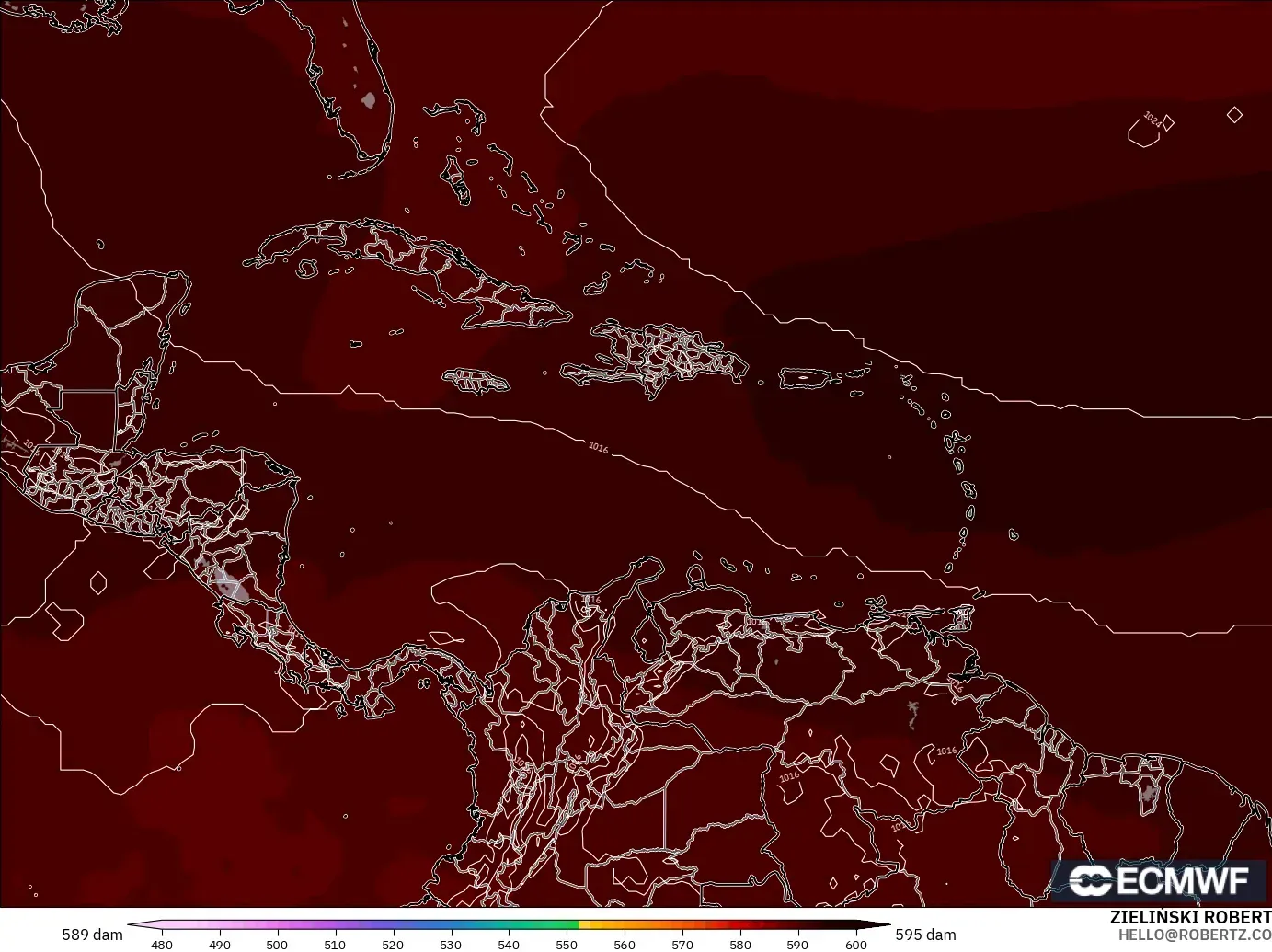 ECMWF IFS 0.25° モデル - カリブ海, 500hPaのジオポテンシャル高度