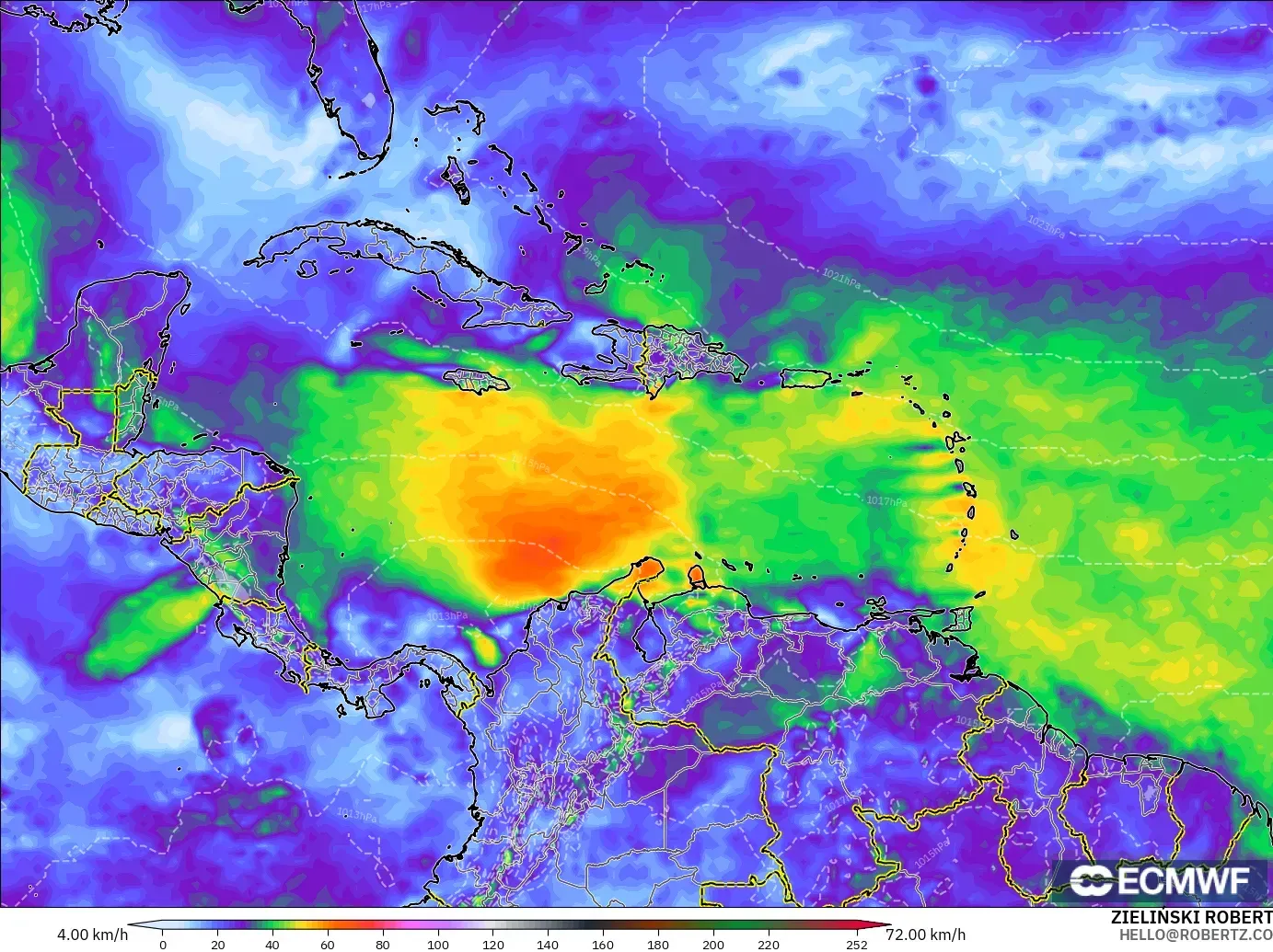 ECMWF IFS 0.25° モデル - カリブ海, 突風（最大）