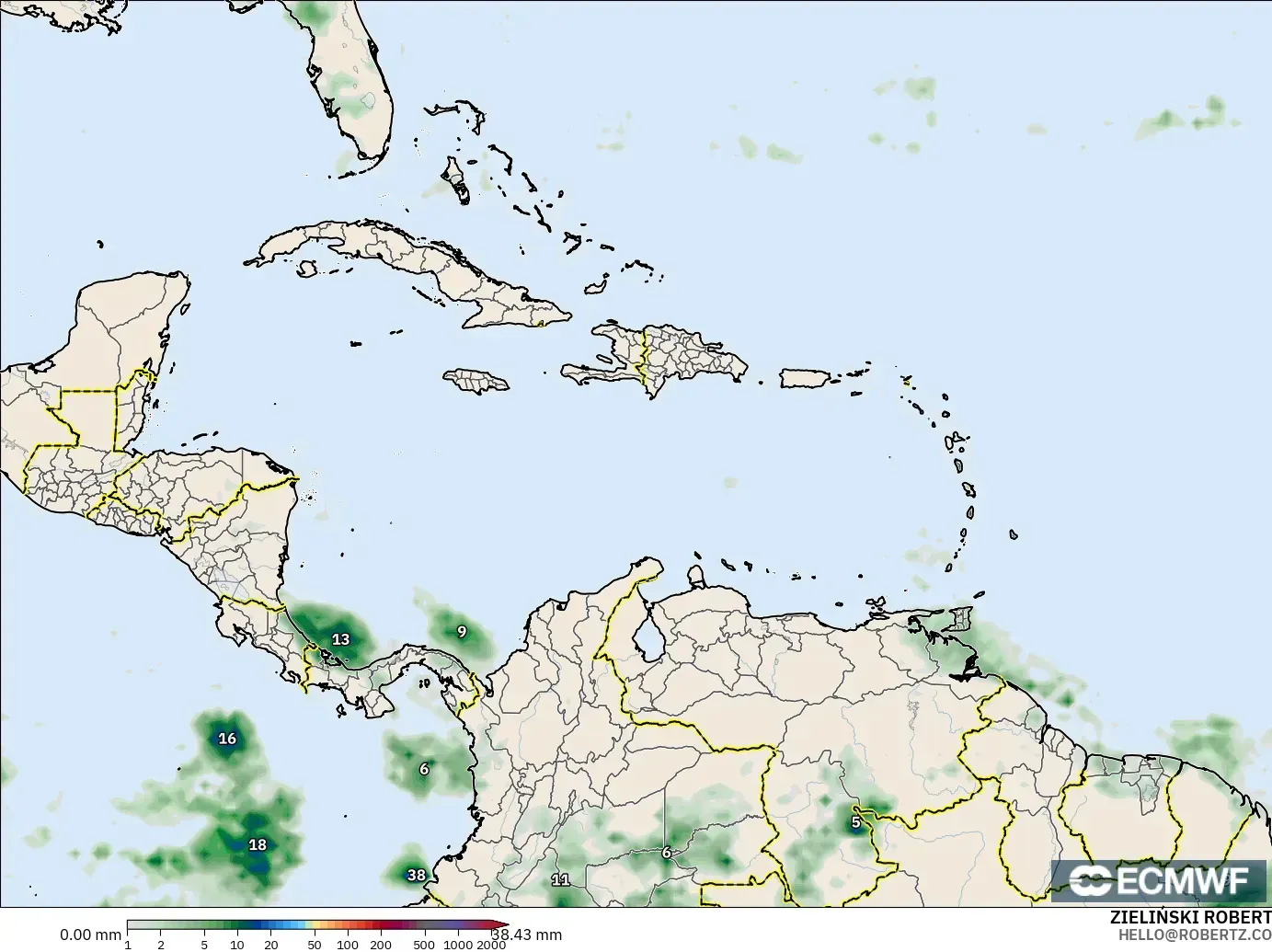 ECMWF IFS 0.25° モデル - カリブ海, 降水量の合計