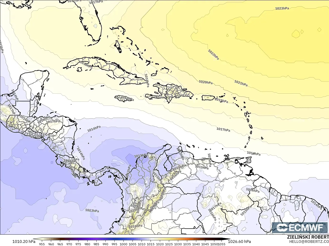 ECMWF IFS 0.25° モデル - カリブ海, 気圧