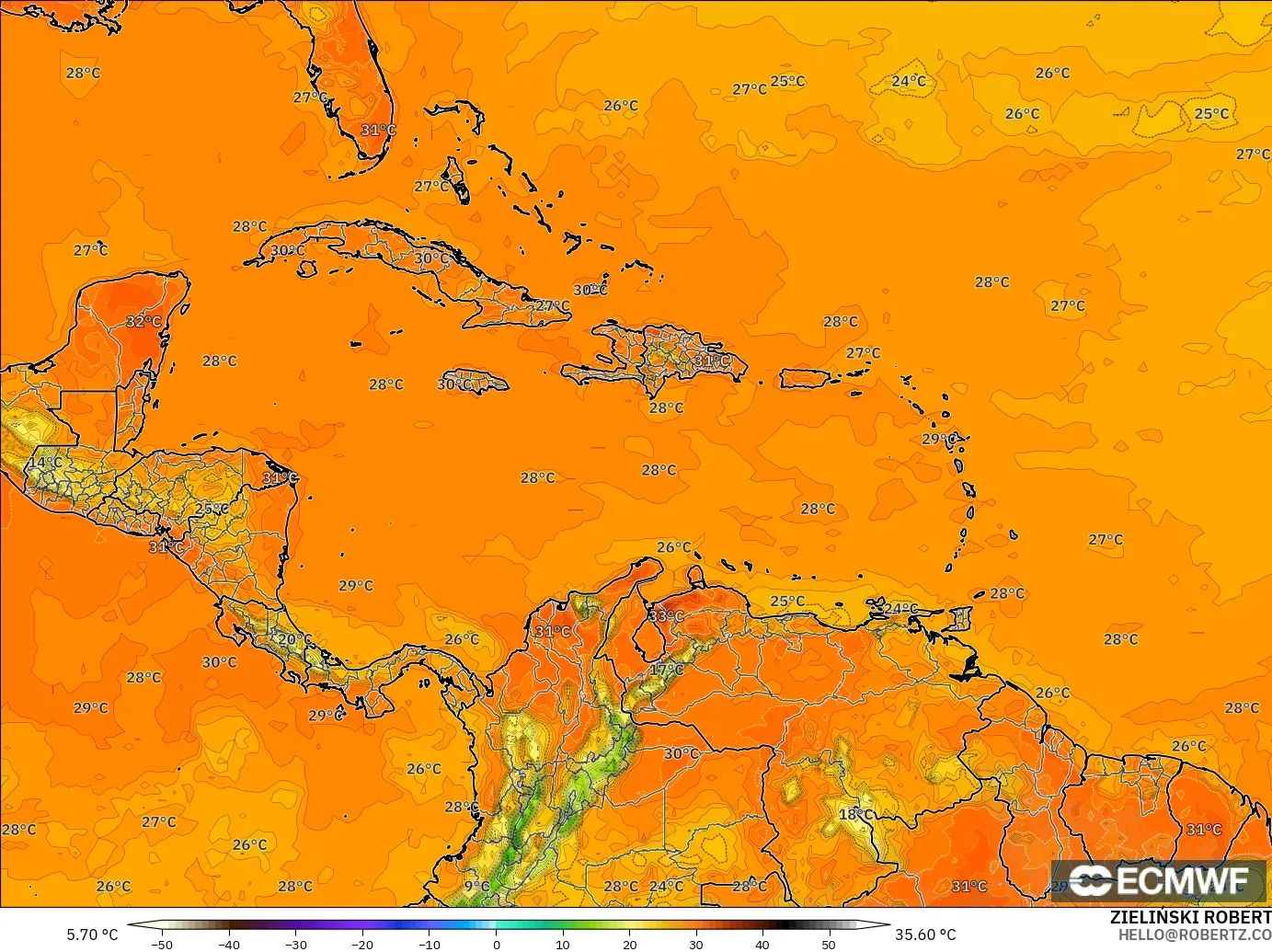ECMWF IFS 0.25° モデル - カリブ海, 気温（2m）