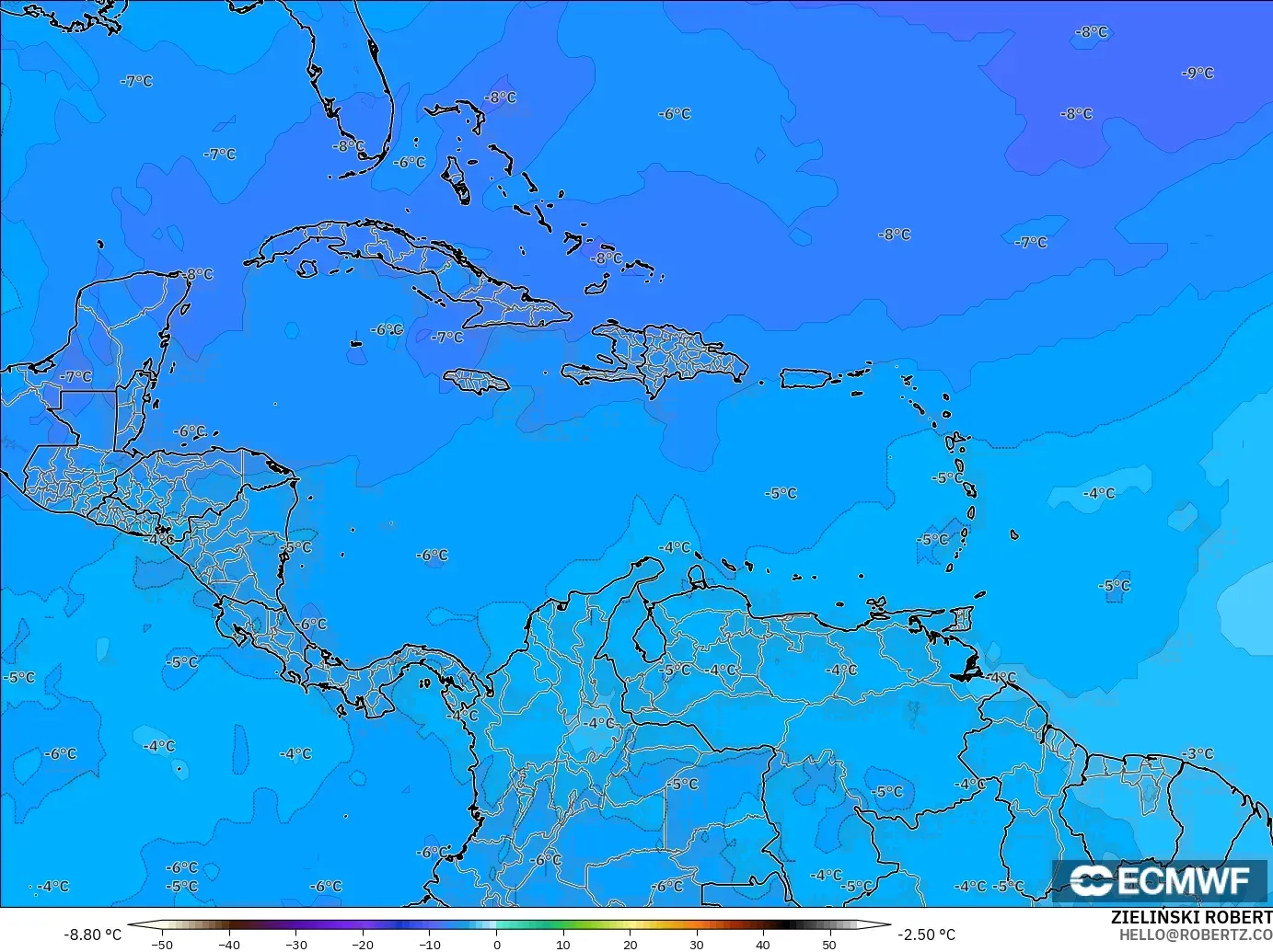 ECMWF IFS 0.25° モデル - カリブ海, 気温（500hPa）