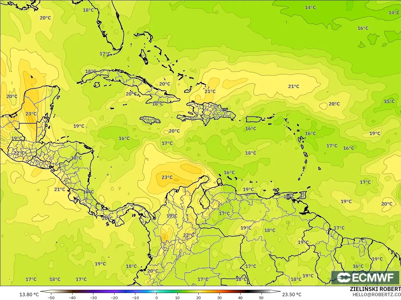 ECMWF IFS 0.25° モデル - カリブ海, 気温（850hPa）