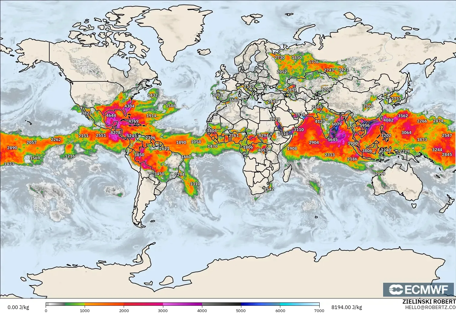 ECMWF IFS 0.25° モデル - 世界, CAPE