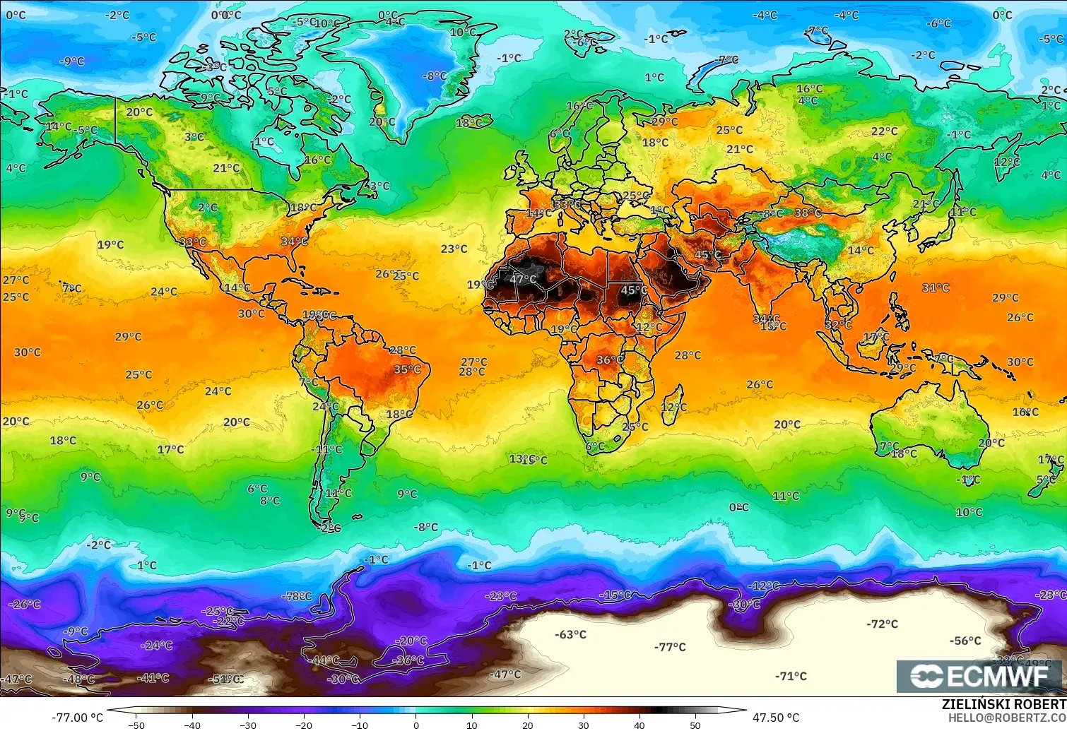 ECMWF IFS 0.25° モデル - 世界, 気温（2m）