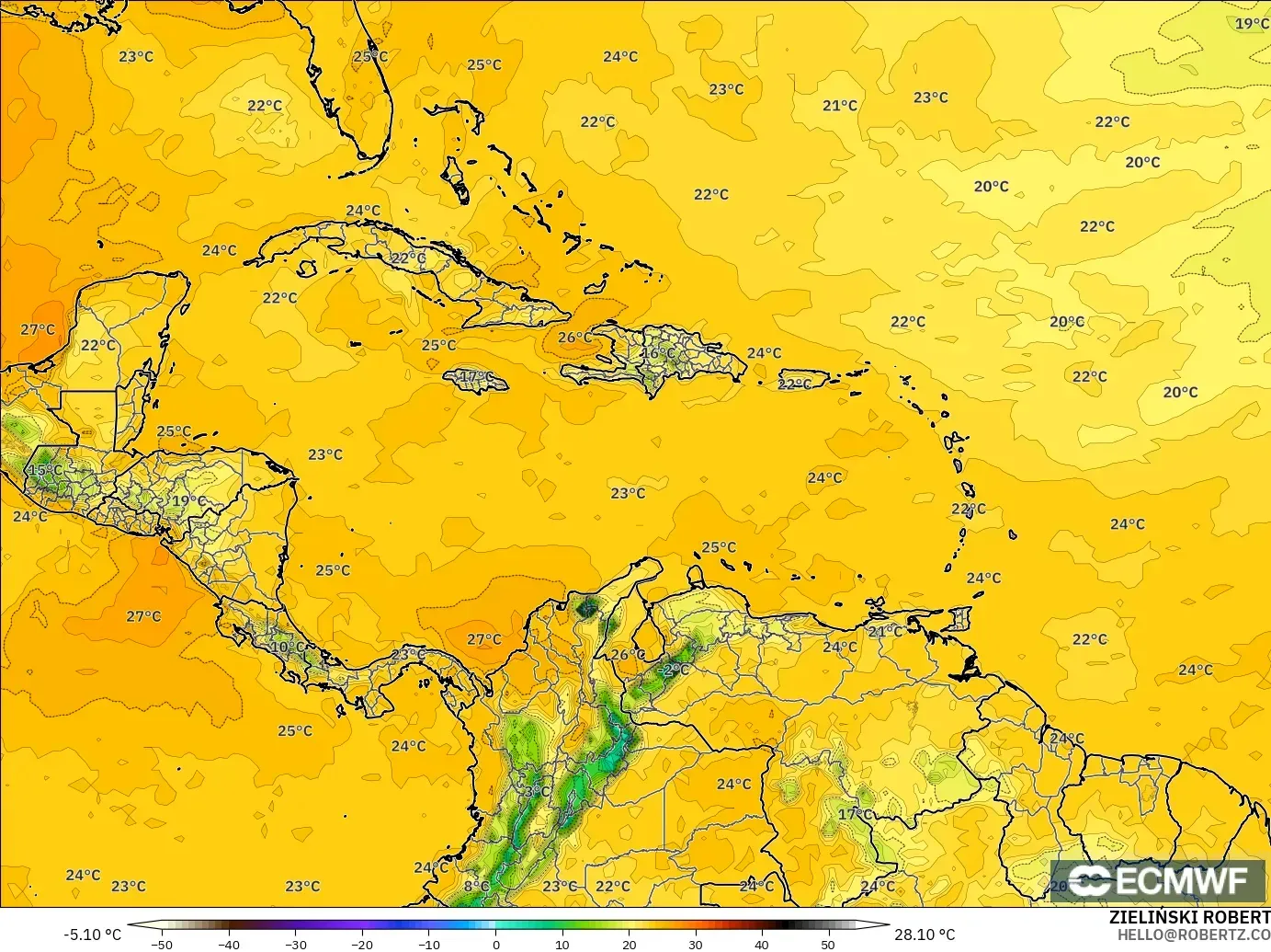 ECMWF IFS 0.25° モデル - カリブ海, 露点温度（2m）