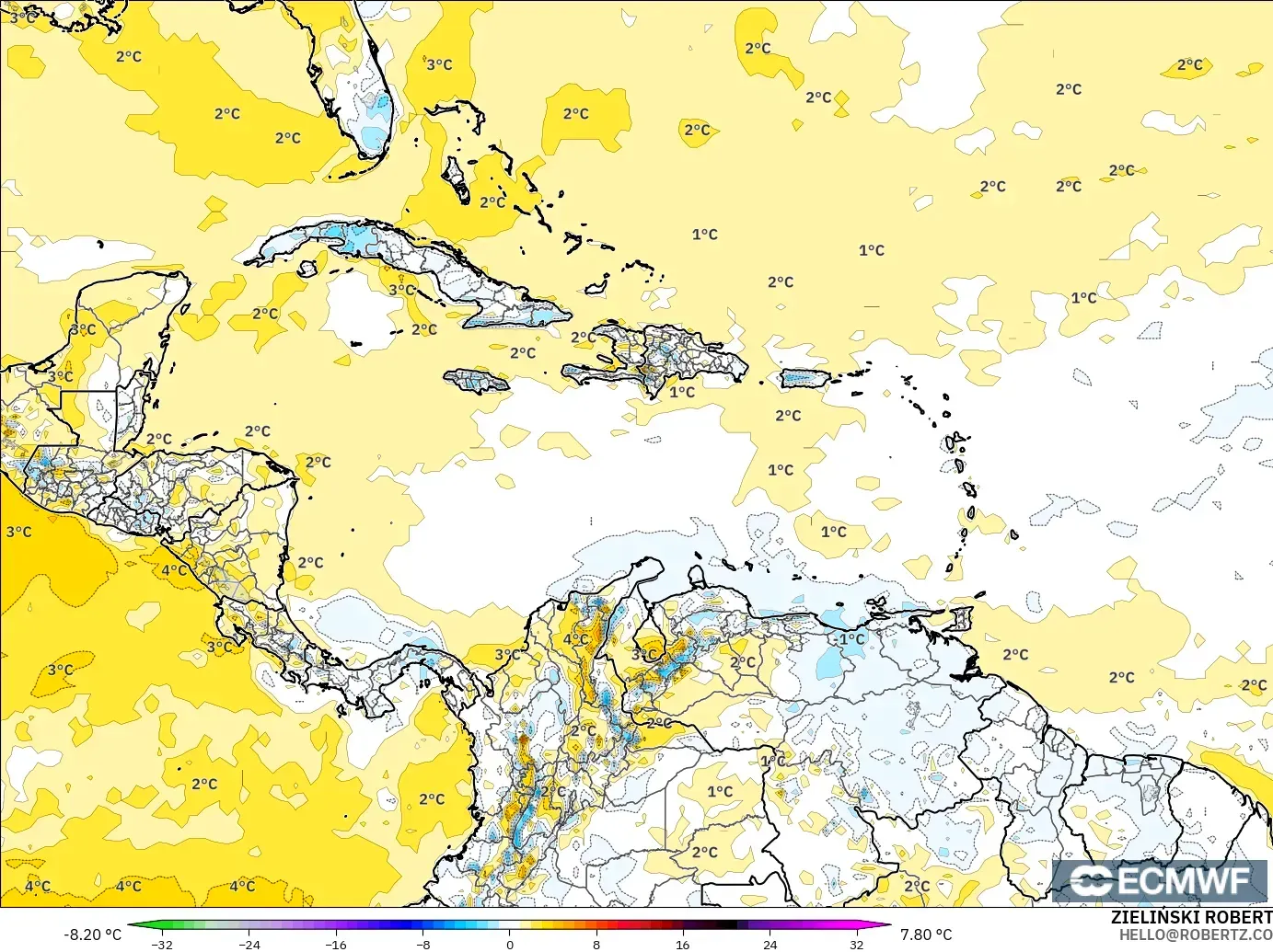 ECMWF IFS 0.25° モデル - カリブ海, 気温異常（2m）
