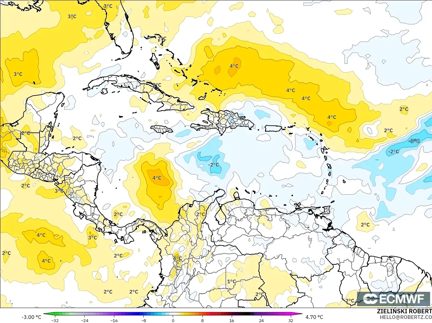 ECMWF IFS 0.25° モデル - カリブ海, 気温異常（850hPa）