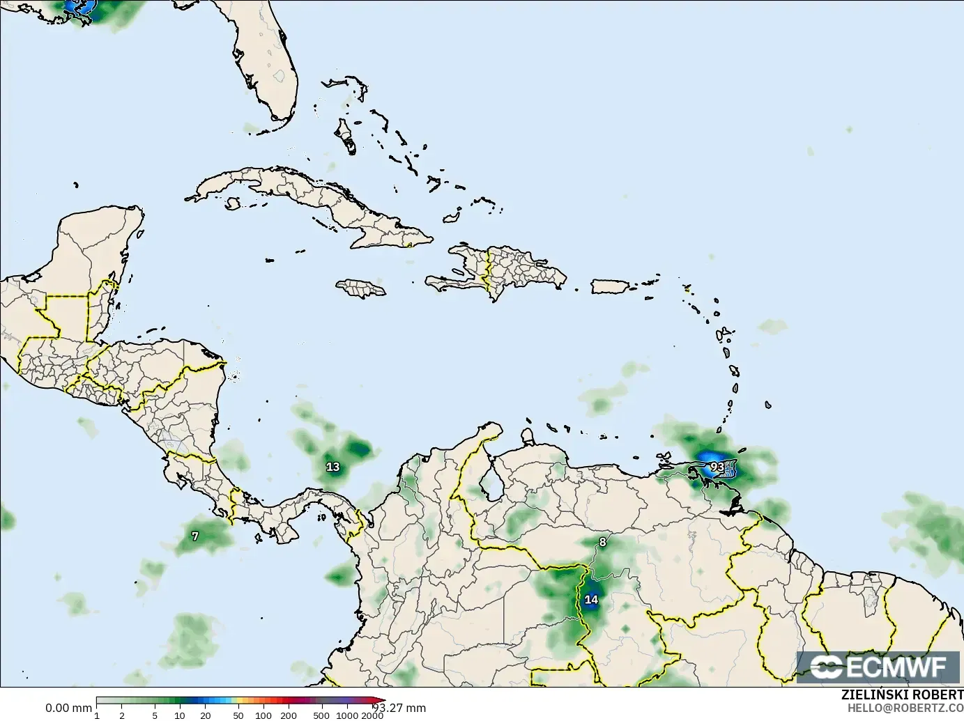ECMWF IFS 0.25° モデル - カリブ海, 降水量の合計