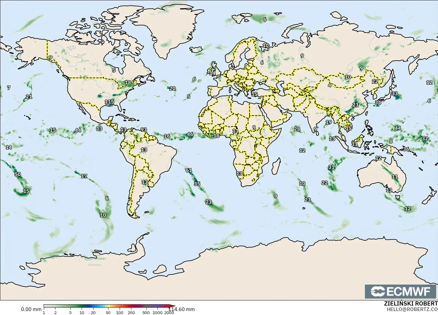 ECMWF IFS 0.25° モデル - 世界, 降水量の合計
