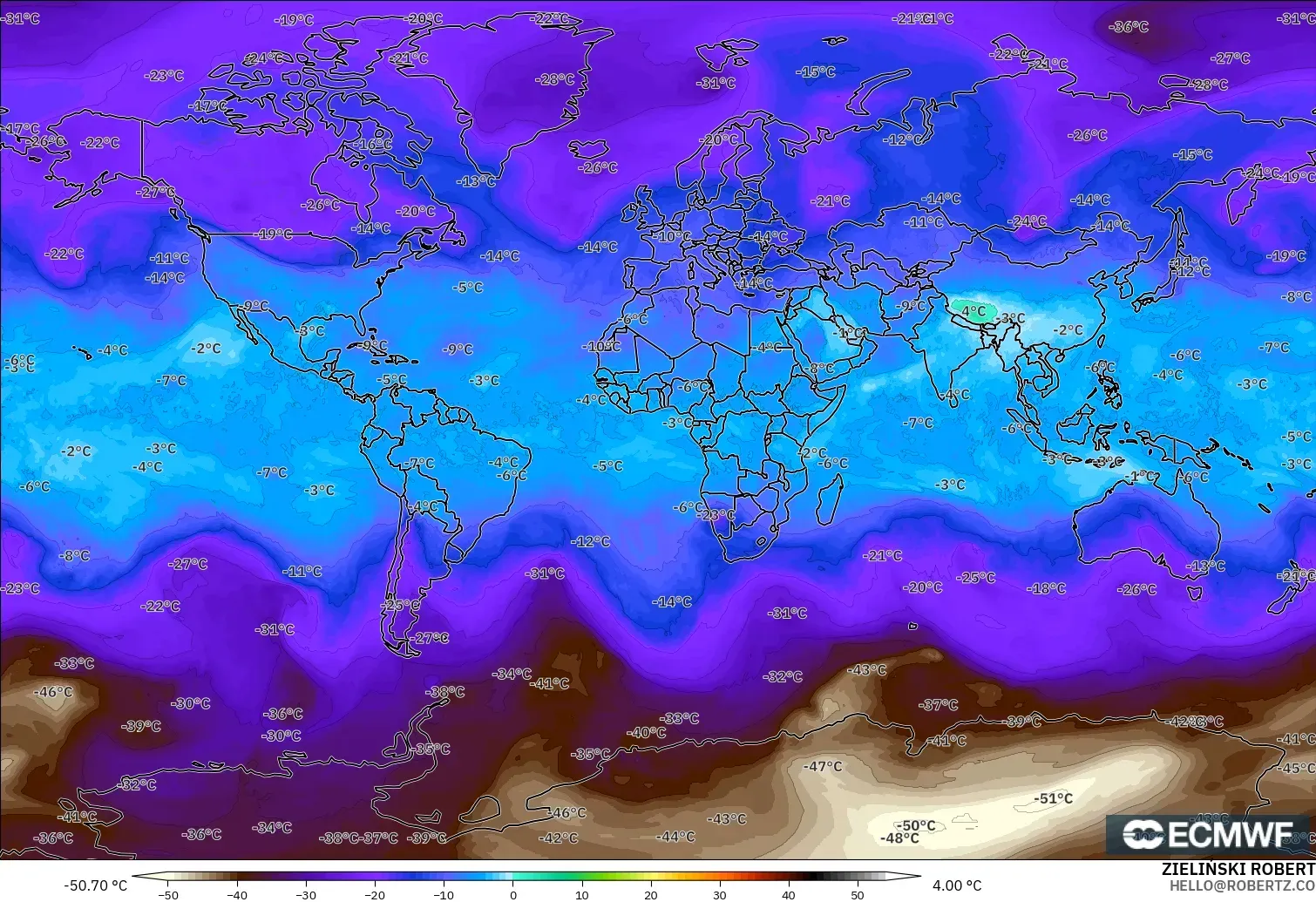 ECMWF IFS 0.25° モデル - 世界, 気温（500hPa）