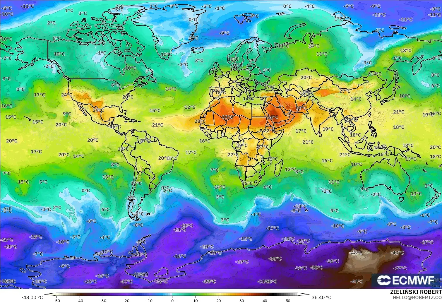 ECMWF IFS 0.25° モデル - 世界, 気温（850hPa）