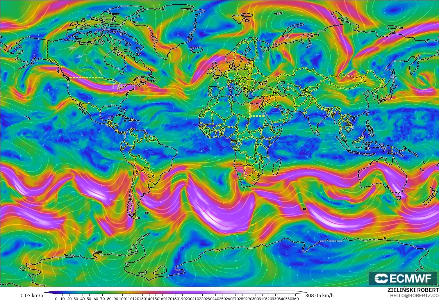 ECMWF IFS 0.25° モデル - 世界, 風速（300hPa）