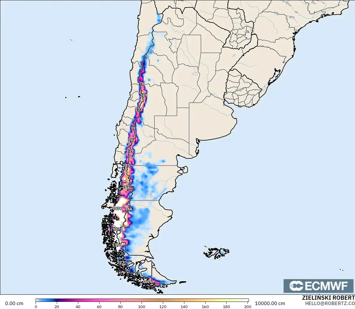 ECMWF IFS 0.25° モデル - アルゼンチン, 積雪深