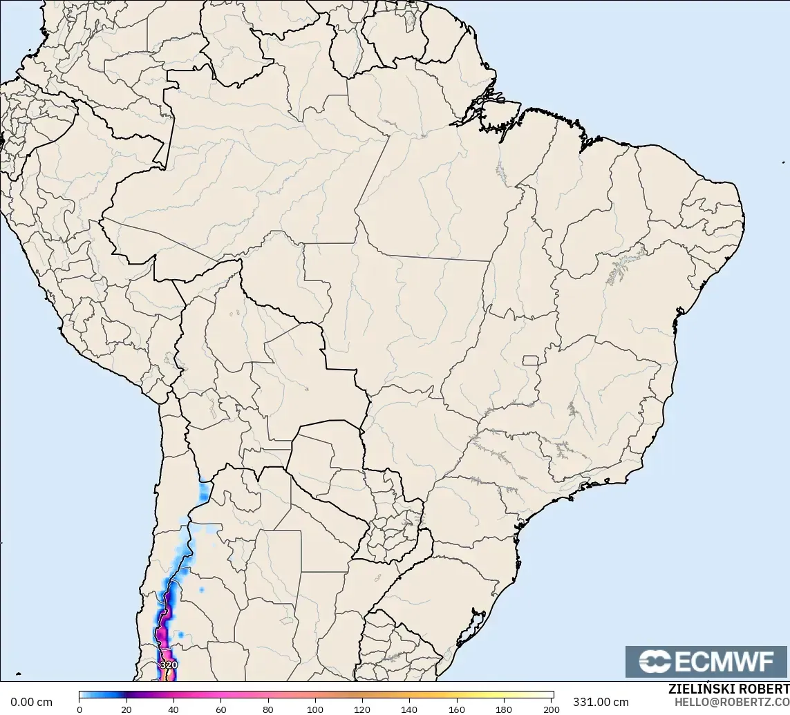 ECMWF IFS 0.25° モデル - ブラジル, 積雪深