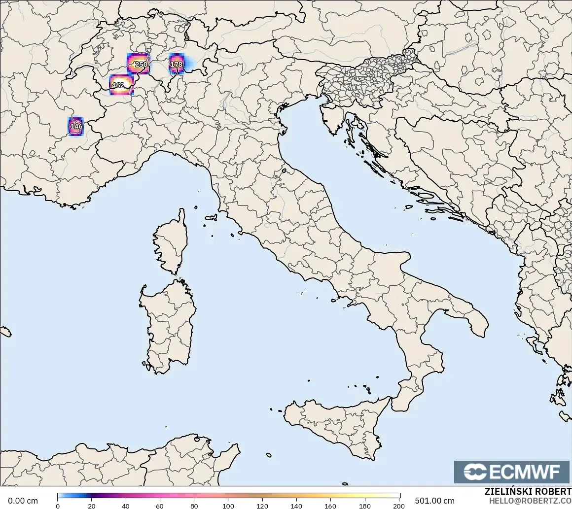 ECMWF IFS 0.25° モデル - イタリア, 積雪深