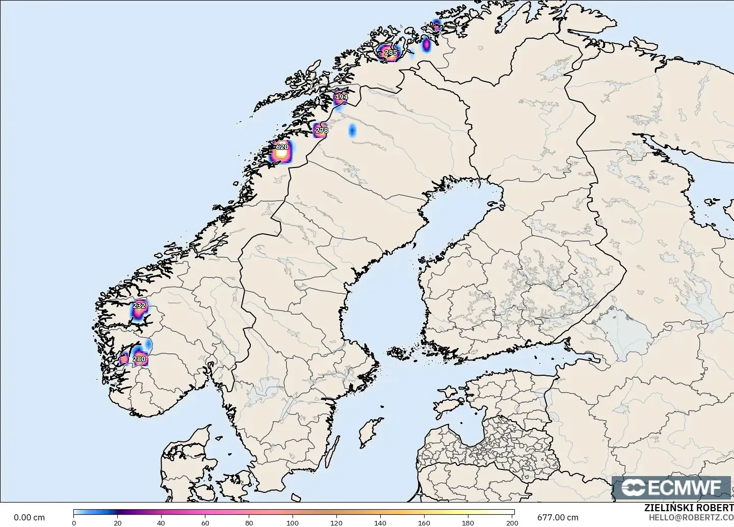 ECMWF IFS 0.25° モデル - スカンジナビア, 積雪深