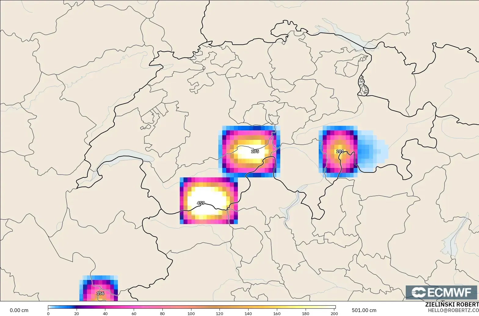 ECMWF IFS 0.25° モデル - スイス, 積雪深