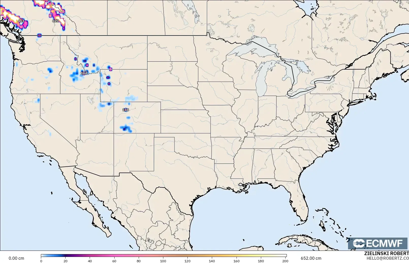 ECMWF IFS 0.25° モデル - アメリカ合衆国, 積雪深