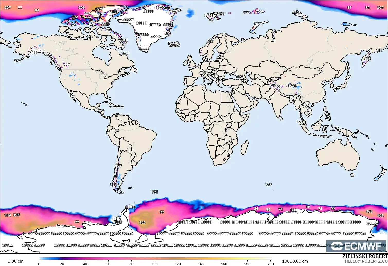 ECMWF IFS 0.25° モデル - 世界, 積雪深