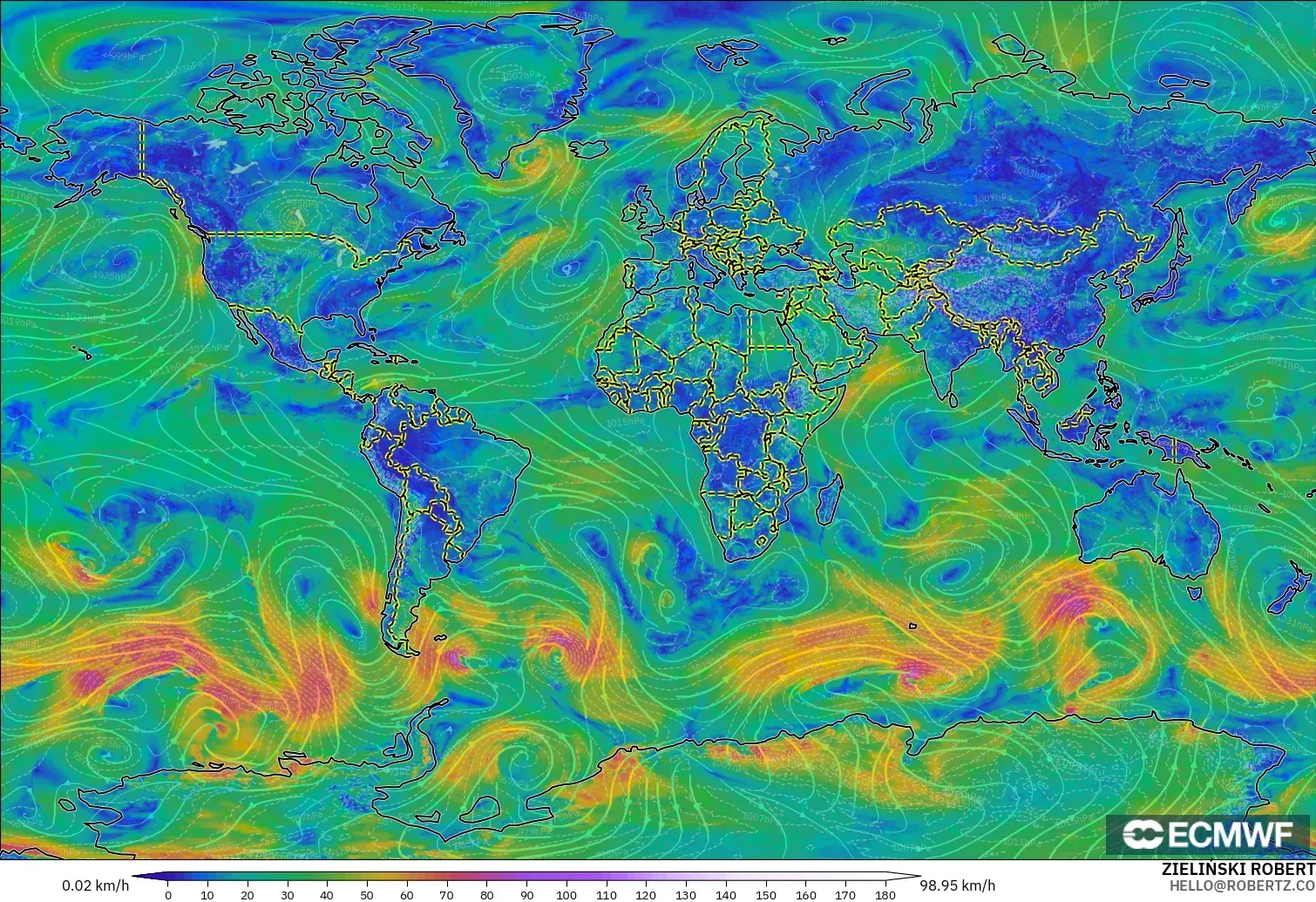 ECMWF IFS 0.25° モデル - 世界, 風速（10m）
