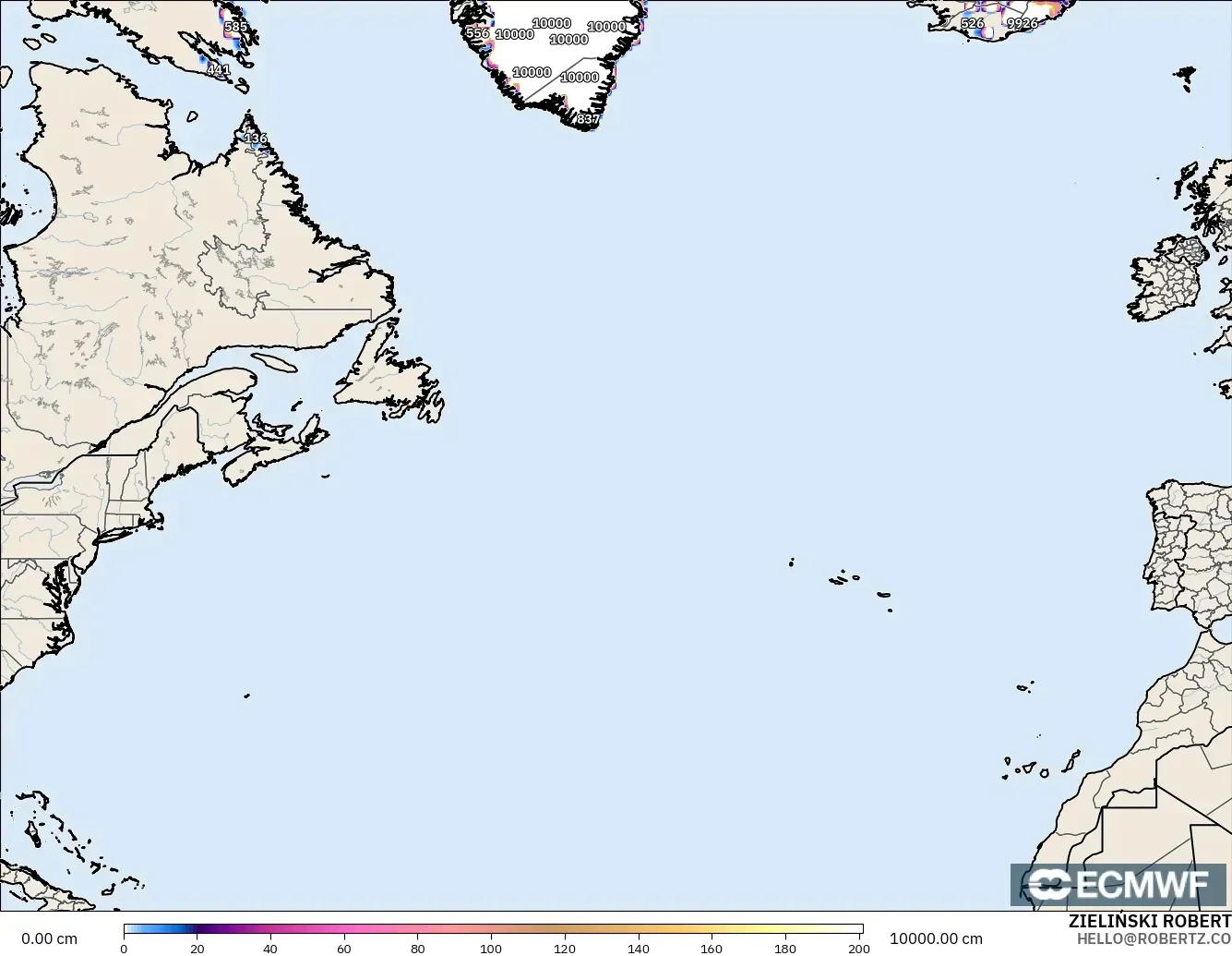 ECMWF IFS 0.25° モデル - 北大西洋, 積雪深