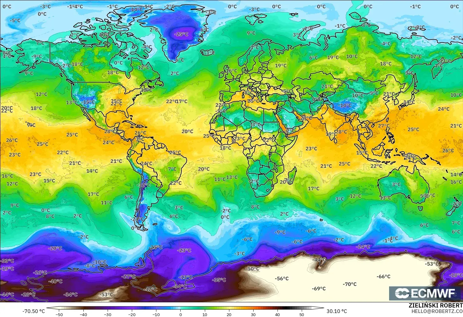 ECMWF IFS 0.25° モデル - 世界, 露点温度（2m）
