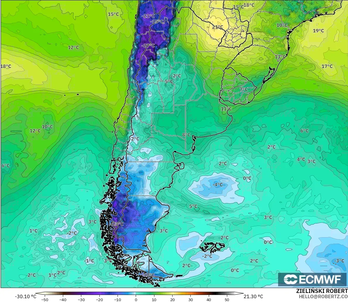 ECMWF IFS 0.25° モデル - アルゼンチン, 露点温度（2m）
