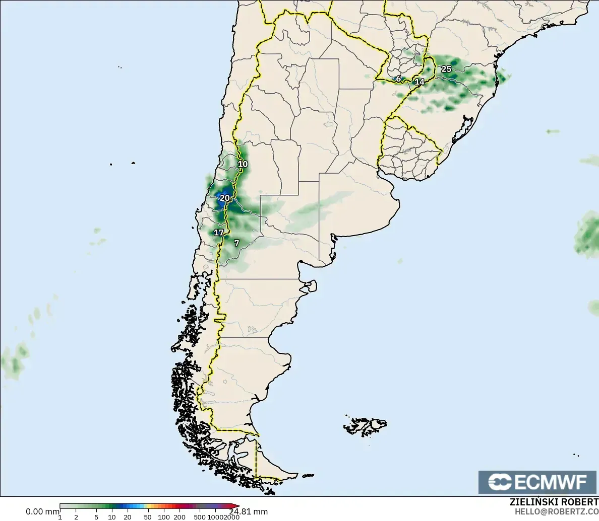 ECMWF IFS 0.25° モデル - アルゼンチン, 降水量の合計